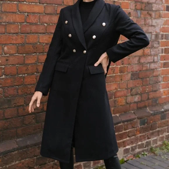 Cozy Black Button Long Pea Coat Jacket Classic - Picture 5 of 5